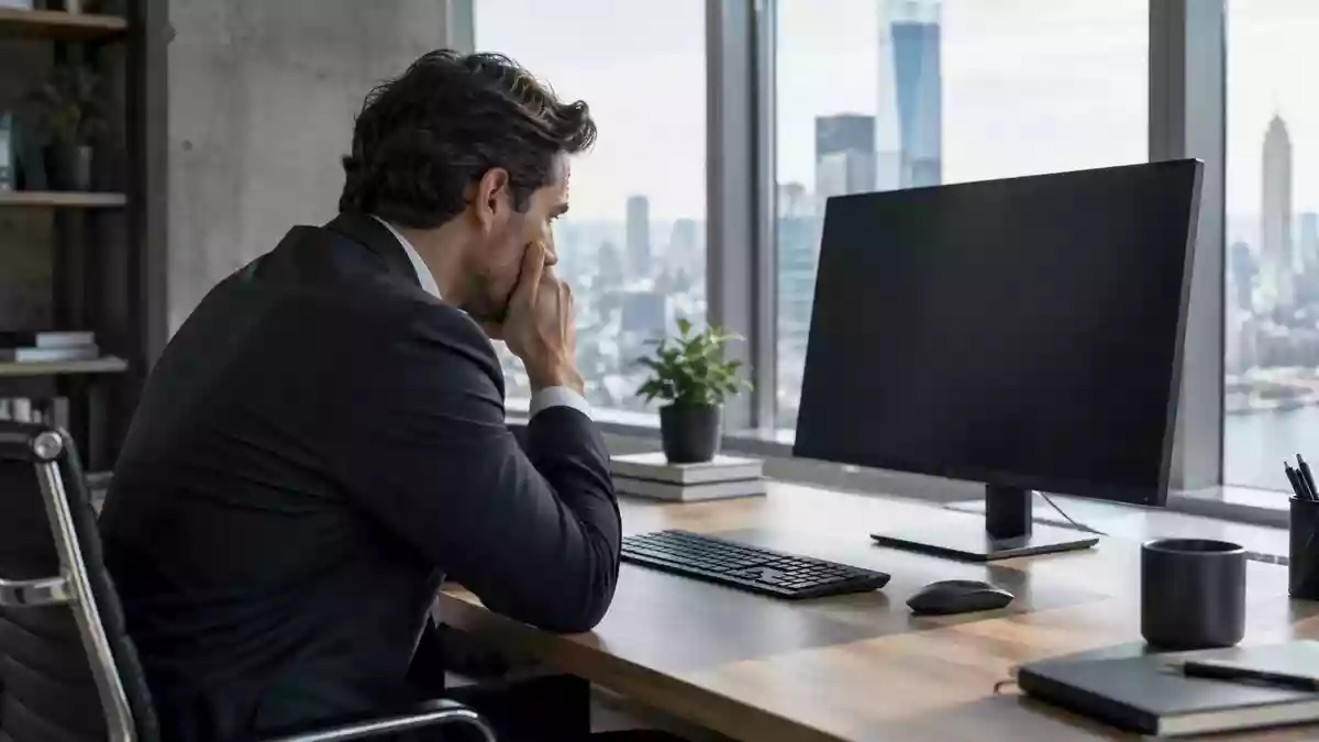 Besorgter Investor schaut auf einen ausgeschalteten Computerbildschirm in einem modernen Büro. Illustration mit AI erstellt.