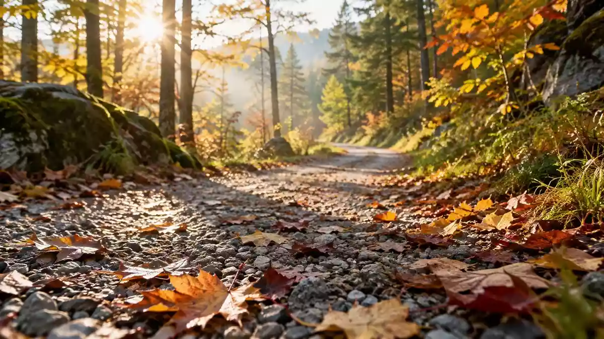 Ein von der Sonne beleuchteter Spazierweg in einem herbstlichen Wald. Illustration mit AI erstellt.