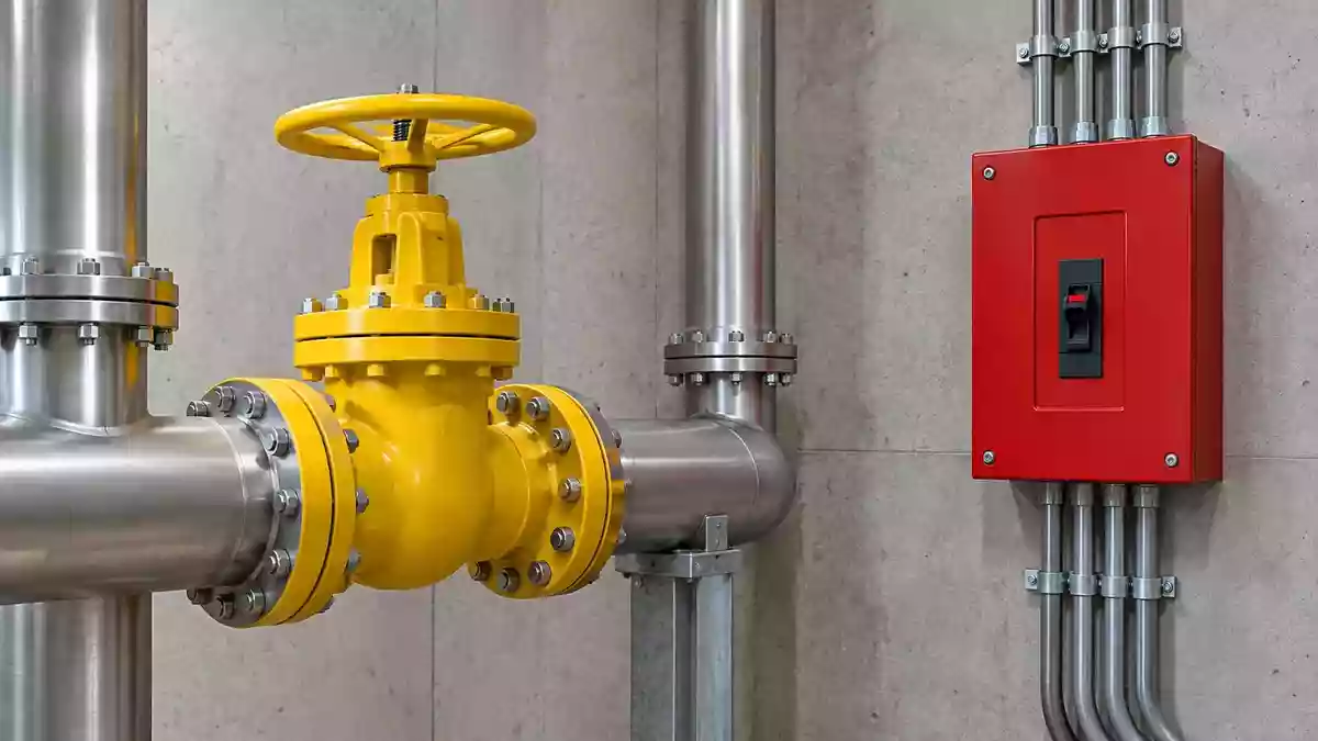 Industrielle Umgebung mit einem gelben Ventil und einem roten Schalter an einer Betonwand. Illustration mit AI erstellt.