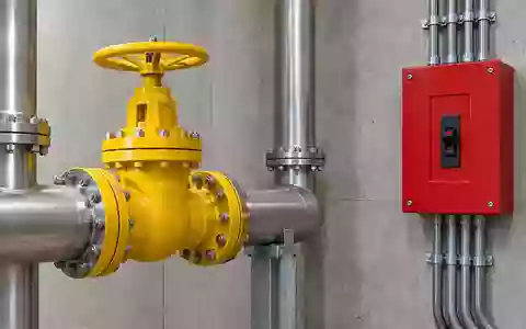 Industrielle Umgebung mit einem gelben Ventil und einem roten Schalter an einer Betonwand. - Foto: über boerse-global.de