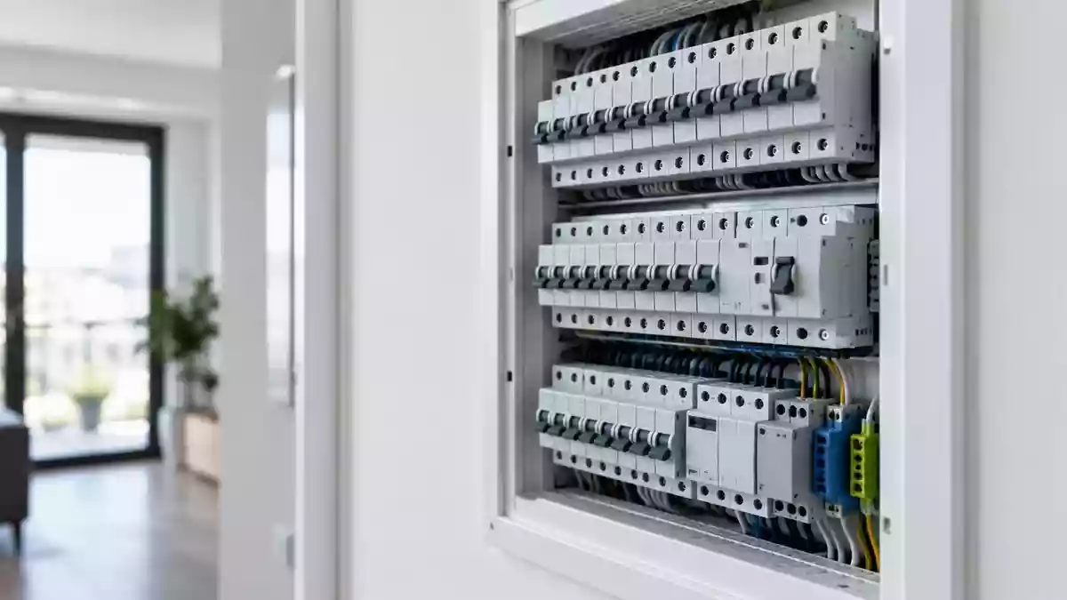 Ein moderner Sicherungskasten mit elektrischen Schutzschaltern in einem Wohngebäude. Illustration mit AI erstellt.