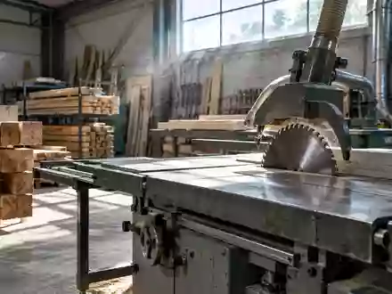 Eine aufgeräumte Holzwerkstatt mit einer stationären Kreissäge und Holzstapeln in einer professionellen Arbeitsumgebung. - Foto: über boerse-global.de