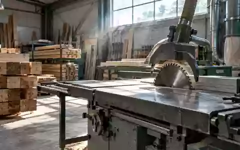 Eine aufgeräumte Holzwerkstatt mit einer stationären Kreissäge und Holzstapeln in einer professionellen Arbeitsumgebung. - Foto: über boerse-global.de