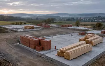 Ein stillgelegtes Baugrundstück in Hessen mit gestapelten Ziegeln und Baumaterialien vor einem bewölkten Himmel. - Foto: über boerse-global.de
