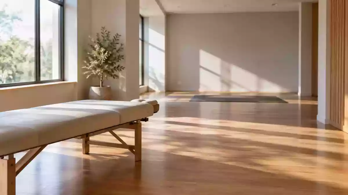 Ein heller, leerer Physiotherapieraum mit Holzboden und weichem Tageslicht, der eine ruhige und professionelle Atmosphäre vermittelt. Illustration mit AI erstellt.