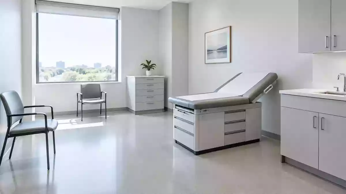 Ein minimalistischer, heller medizinischer Untersuchungsraum in einem Krankenhaus mit neutralen Farben und natürlichem Licht. Illustration mit AI erstellt.