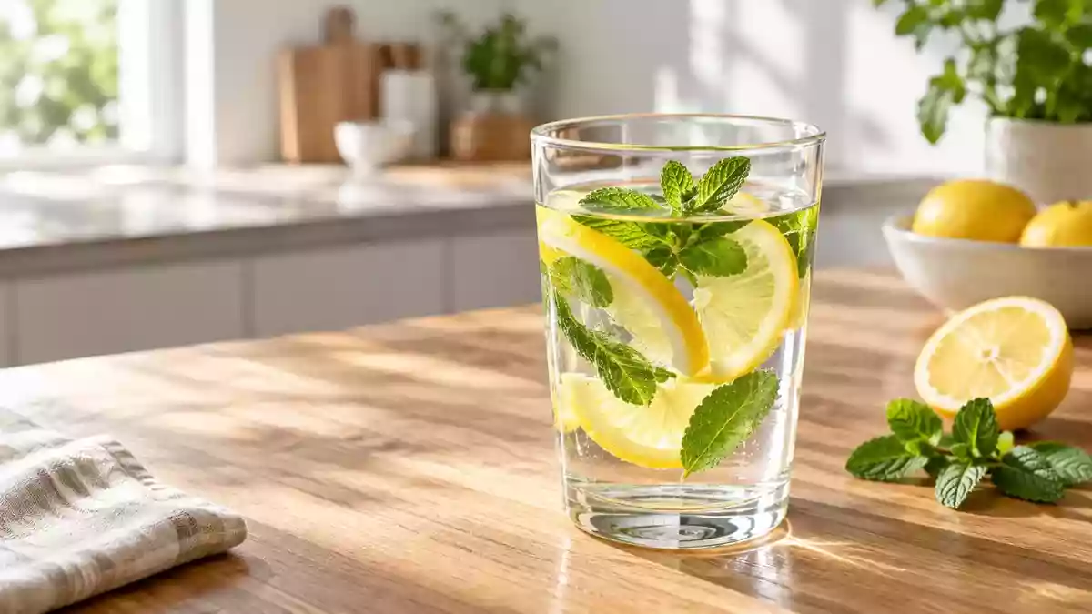 Ein Glas mit klarem Wasser, Zitronenscheiben und Minze auf einem Holztisch in hellem, natürlichem Licht. Illustration mit AI erstellt.