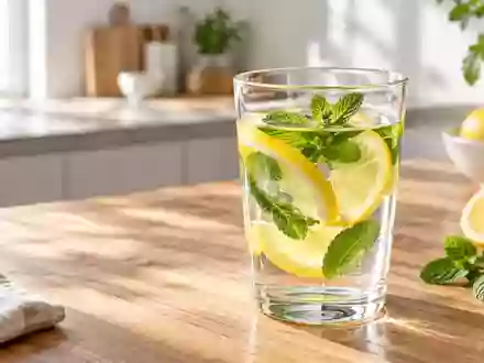 Ein Glas mit klarem Wasser, Zitronenscheiben und Minze auf einem Holztisch in hellem, natürlichem Licht. - Foto: über boerse-global.de