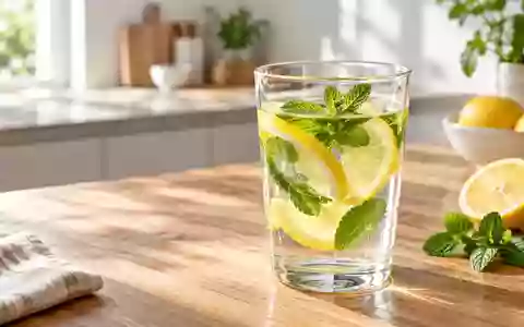 Ein Glas mit klarem Wasser, Zitronenscheiben und Minze auf einem Holztisch in hellem, natürlichem Licht. - Foto: über boerse-global.de