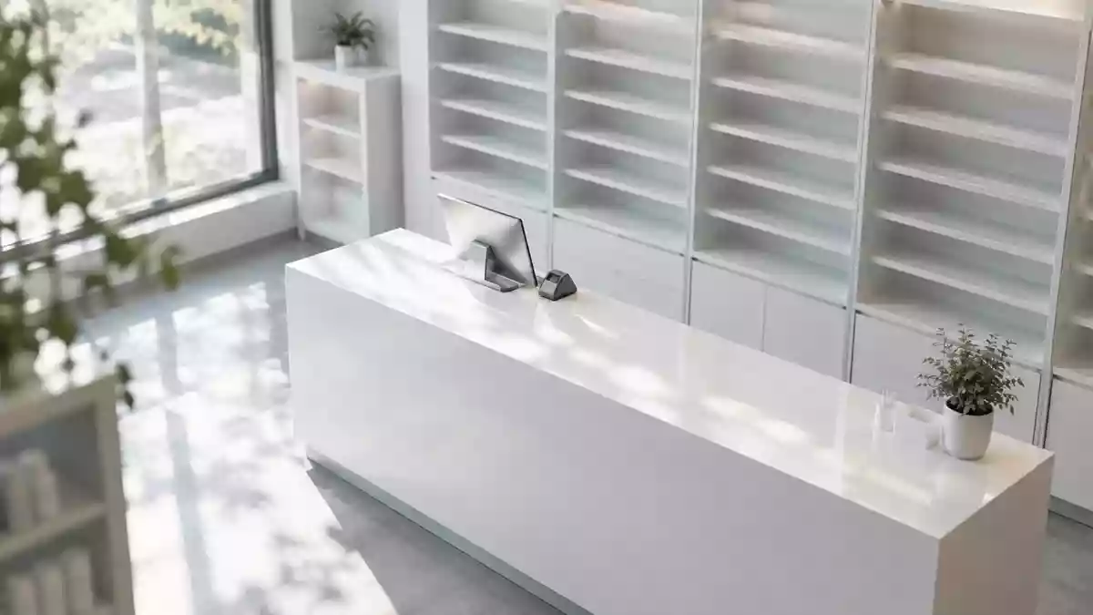 Leerer, moderner Apothekentresen in einer hellen, aufgeräumten Umgebung mit Regalen im Hintergrund. Illustration mit AI erstellt.