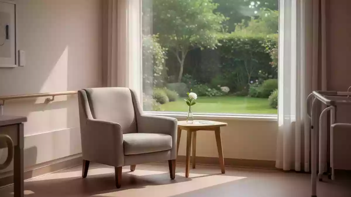 Ein ruhiger, lichtdurchfluteter Raum in einer modernen Pflegeeinrichtung mit Blick in einen grünen Garten. Illustration mit AI erstellt.