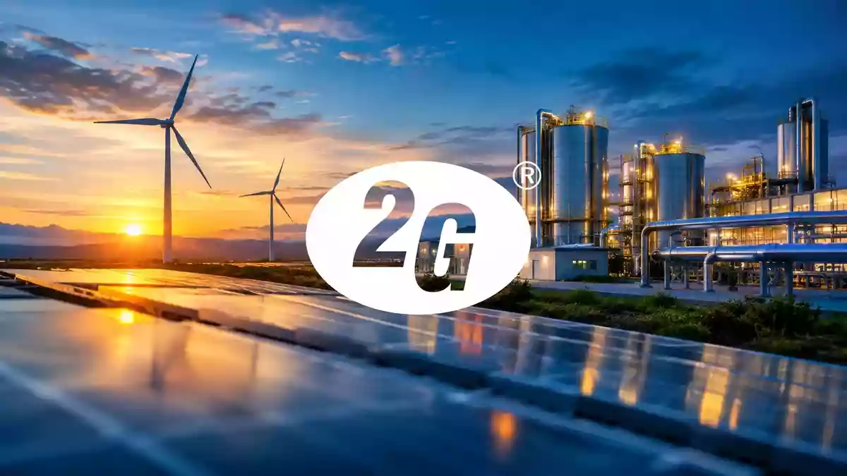 Moderne Industrieanlage für erneuerbare Energien in der Morgendämmerung. Illustration mit AI erstellt.