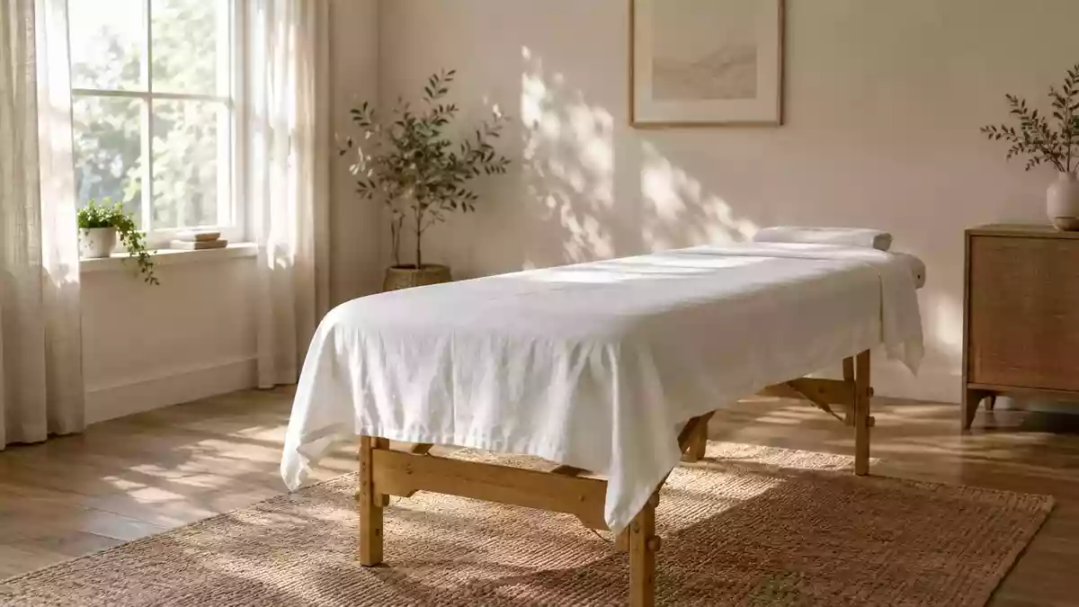 Minimalistischer Behandlungsraum in einer Praxis mit einer hölzernen Liege bei natürlichem Tageslicht. Illustration mit AI erstellt.