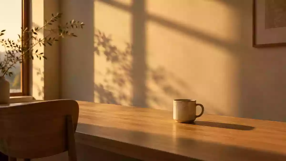 Ein minimalistischer, ruhiger Arbeitsplatz mit weichem Sonnenlicht, der eine Atmosphäre der Erholung vermittelt. Illustration mit AI erstellt.
