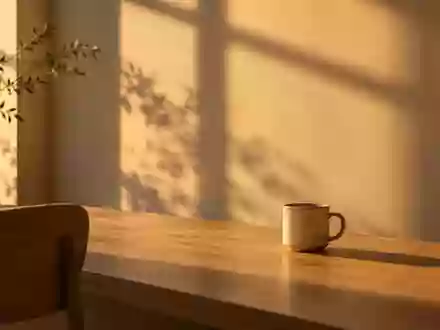 Ein minimalistischer, ruhiger Arbeitsplatz mit weichem Sonnenlicht, der eine Atmosphäre der Erholung vermittelt. - Foto: über boerse-global.de