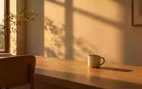 Ein minimalistischer, ruhiger Arbeitsplatz mit weichem Sonnenlicht, der eine Atmosphäre der Erholung vermittelt. - Foto: über boerse-global.de