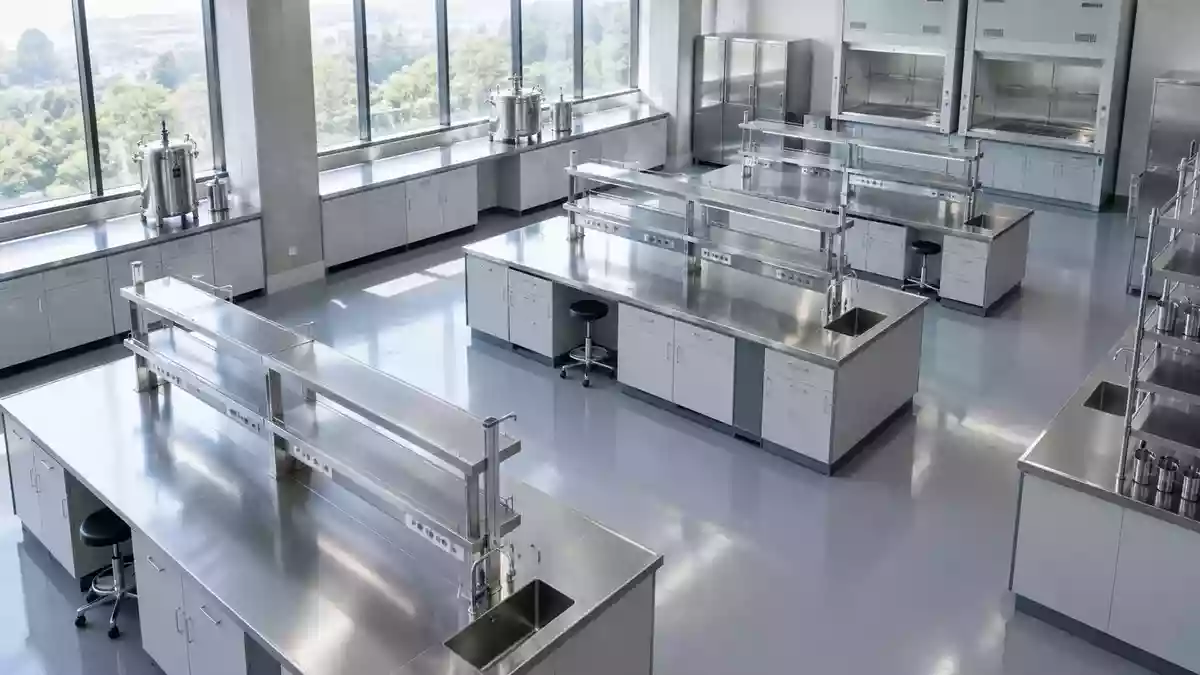 Ein leerer, steriler medizinischer Laborraum mit polierten Oberflächen und einfallendem Tageslicht. Illustration mit AI erstellt.