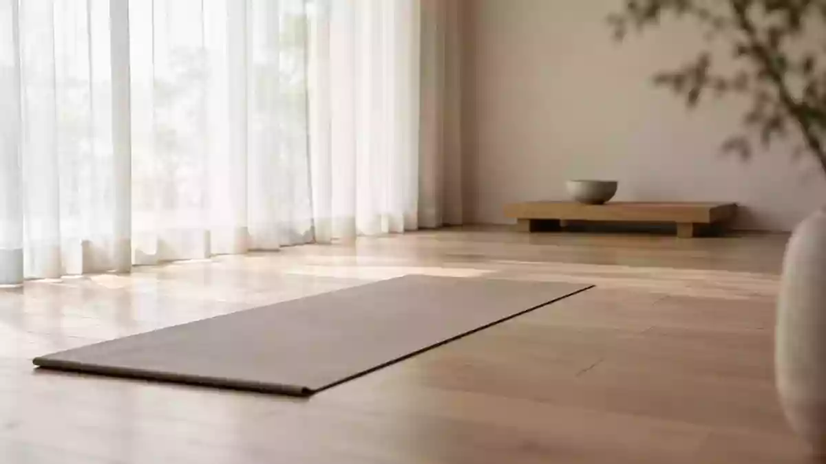 Ein minimalistischer, lichtdurchfluteter Raum für Entspannung und Meditation mit einer Yogamatte auf einem Holzboden. Illustration mit AI erstellt.