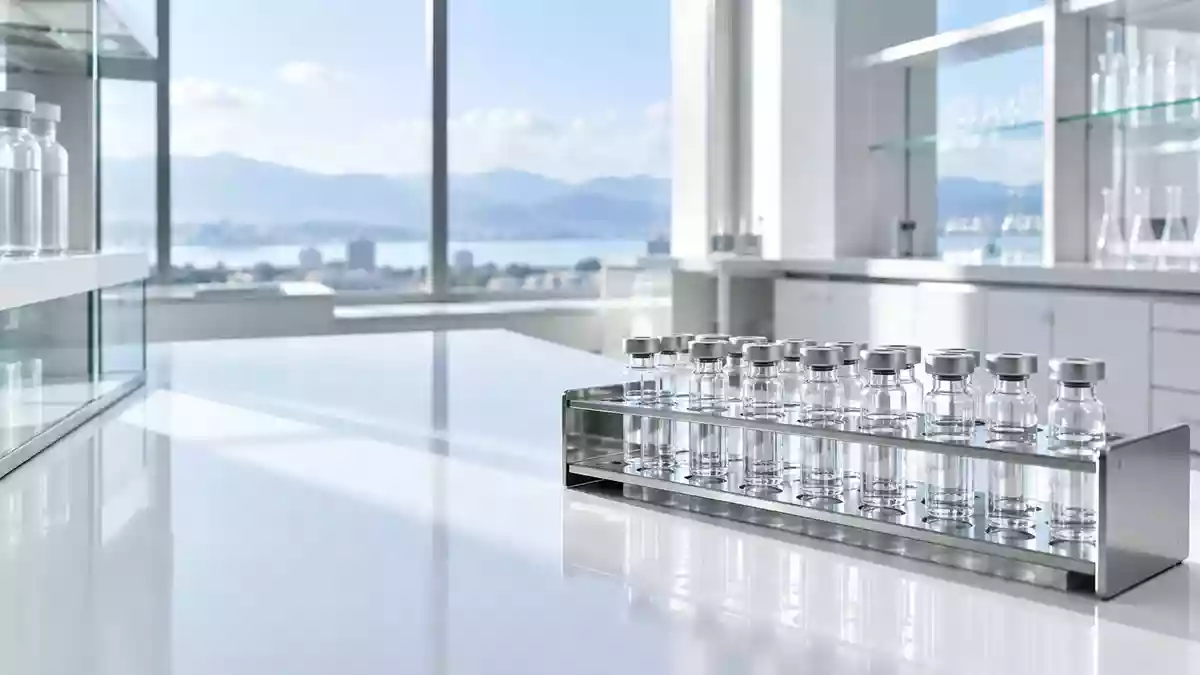 Leeres, modernes Labor mit Reagenzgläsern auf einem Metallständer vor einem hellen Fenster. Illustration mit AI erstellt.