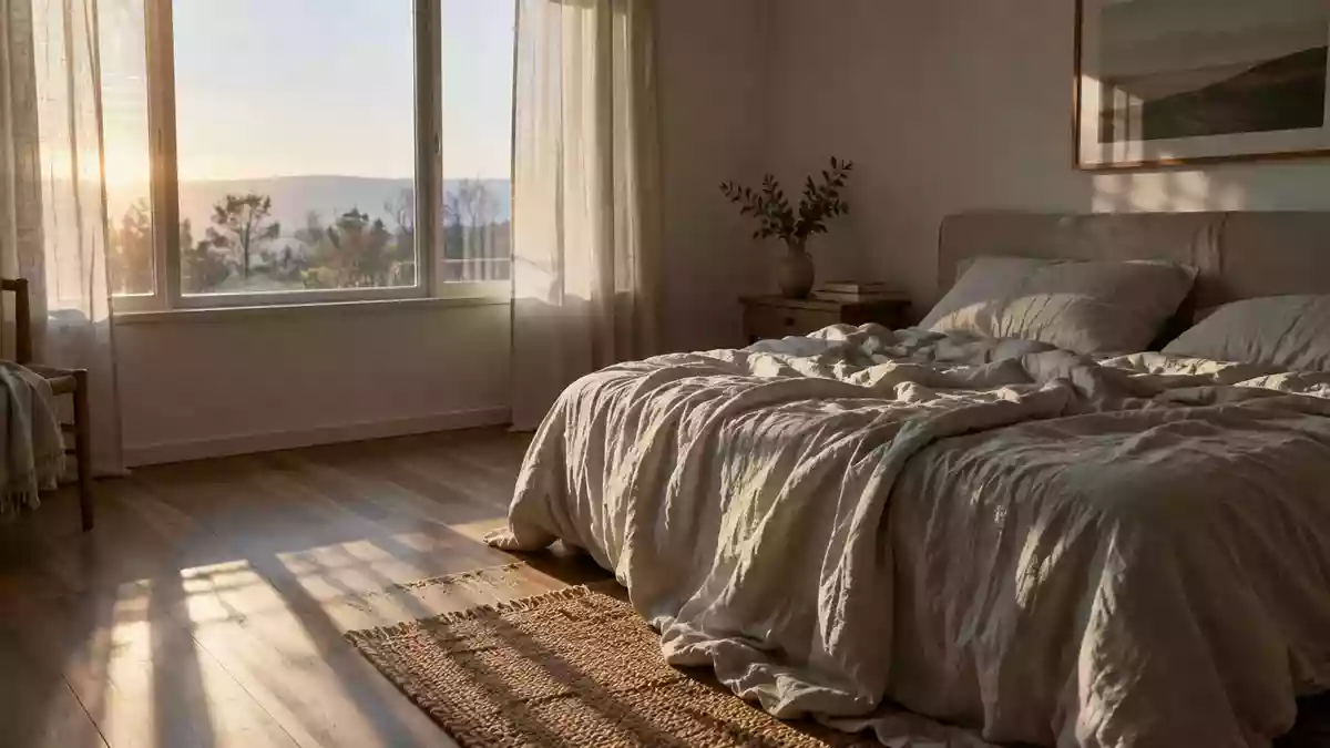 Ein minimalistisch eingerichtetes Schlafzimmer in der frühen Morgendämmerung mit einfallendem Tageslicht auf einem ungemachten Bett. Illustration mit AI erstellt.