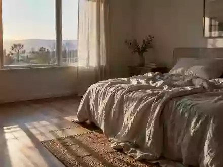 Ein minimalistisch eingerichtetes Schlafzimmer in der frühen Morgendämmerung mit einfallendem Tageslicht auf einem ungemachten Bett. - Foto: über boerse-global.de