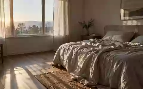 Ein minimalistisch eingerichtetes Schlafzimmer in der frühen Morgendämmerung mit einfallendem Tageslicht auf einem ungemachten Bett. - Foto: über boerse-global.de