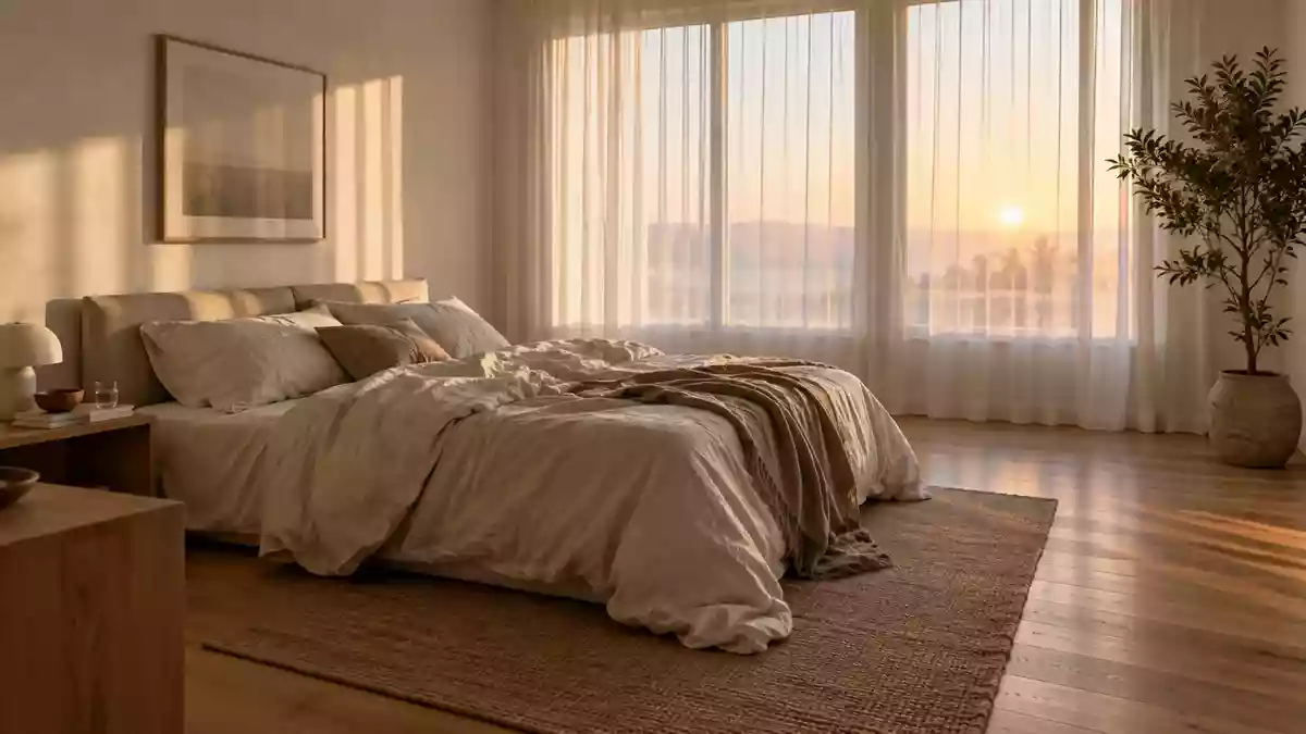 Ein ruhiges, minimalistisch eingerichtetes Schlafzimmer in den frühen Morgenstunden mit sanftem, natürlichem Licht. Illustration mit AI erstellt.