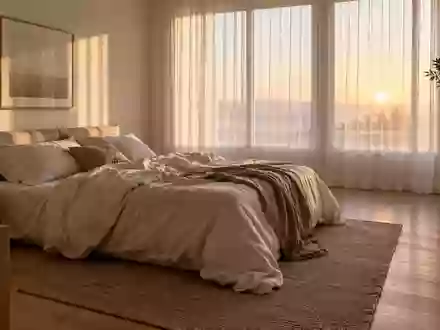 Ein ruhiges, minimalistisch eingerichtetes Schlafzimmer in den frühen Morgenstunden mit sanftem, natürlichem Licht. - Foto: über boerse-global.de