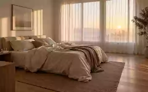 Ein ruhiges, minimalistisch eingerichtetes Schlafzimmer in den frühen Morgenstunden mit sanftem, natürlichem Licht. - Foto: über boerse-global.de