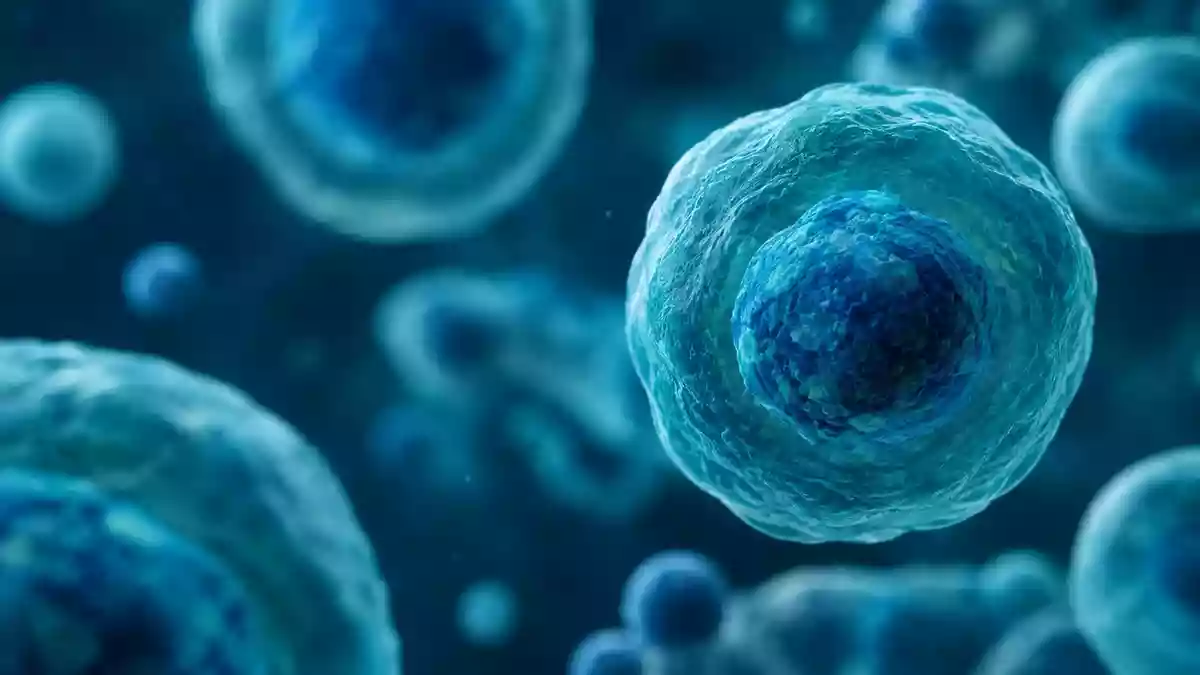 Mikroskopische Aufnahme einer biologischen Zellstruktur in Blau- und Grüntönen. Illustration mit AI erstellt.