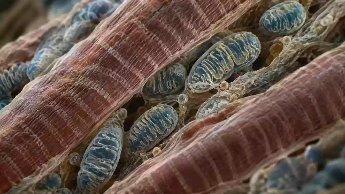 Mikroskopische Aufnahme von Muskelgewebestrukturen und Mitochondrien bei hoher Vergrößerung. Illustration mit AI erstellt.