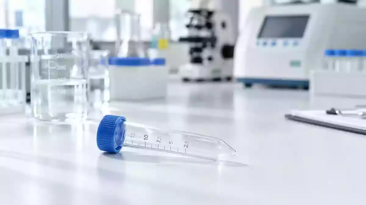 Ein klinisches Labor mit einem leeren Glasröhrchen auf einer sterilen Oberfläche, das eine medizinische Diagnose symbolisiert. Illustration mit AI erstellt.
