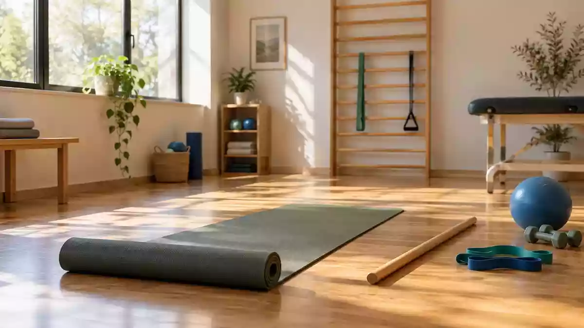 Ein heller, minimalistischer Therapieraum mit einer Yogamatte und einer hölzernen Sprossenwand zur körperlichen Rehabilitation. Illustration mit AI erstellt.