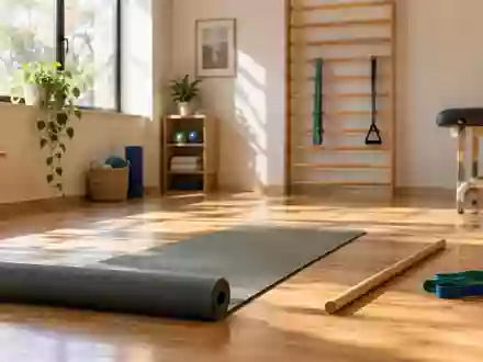 Ein heller, minimalistischer Therapieraum mit einer Yogamatte und einer hölzernen Sprossenwand zur körperlichen Rehabilitation. - Foto: über boerse-global.de