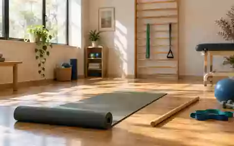 Ein heller, minimalistischer Therapieraum mit einer Yogamatte und einer hölzernen Sprossenwand zur körperlichen Rehabilitation. - Foto: über boerse-global.de