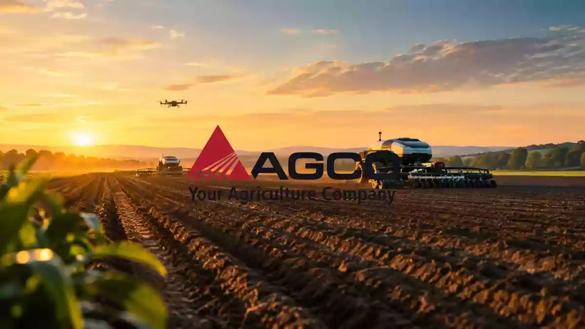 Moderne, technisierte Agrarlandschaft bei Sonnenuntergang als Symbol für wirtschaftlichen Erfolg in der Landwirtschaft. Illustration mit AI erstellt.