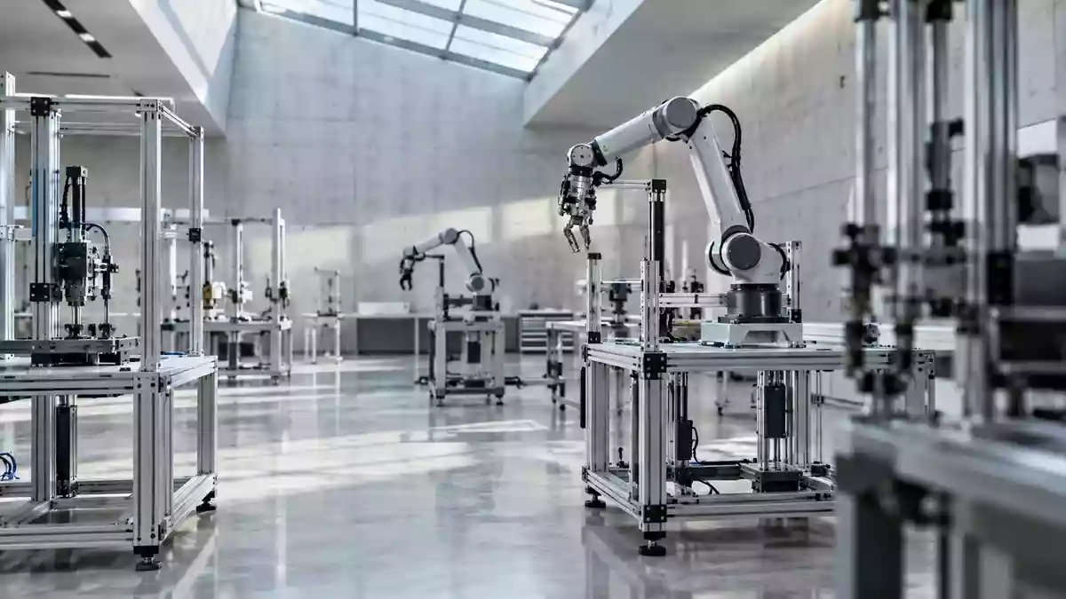 Ein minimalistisches, hochmodernes Robotik-Forschungslabor mit mechanischen Gestellen in einer hellen, industriellen Umgebung. Illustration mit AI erstellt.