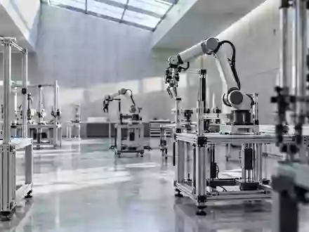 Ein minimalistisches, hochmodernes Robotik-Forschungslabor mit mechanischen Gestellen in einer hellen, industriellen Umgebung. - Foto: über boerse-global.de