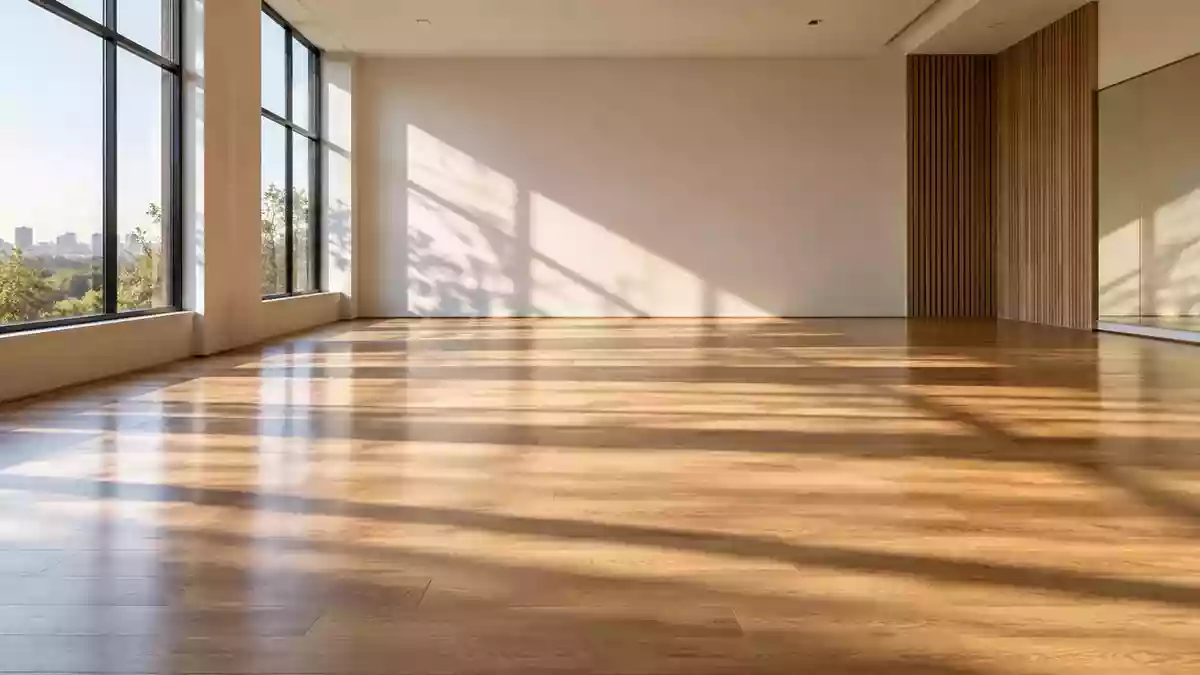 Ein heller, minimalistischer Übungsraum mit Holzboden und weichem Lichteinfall. Illustration mit AI erstellt.