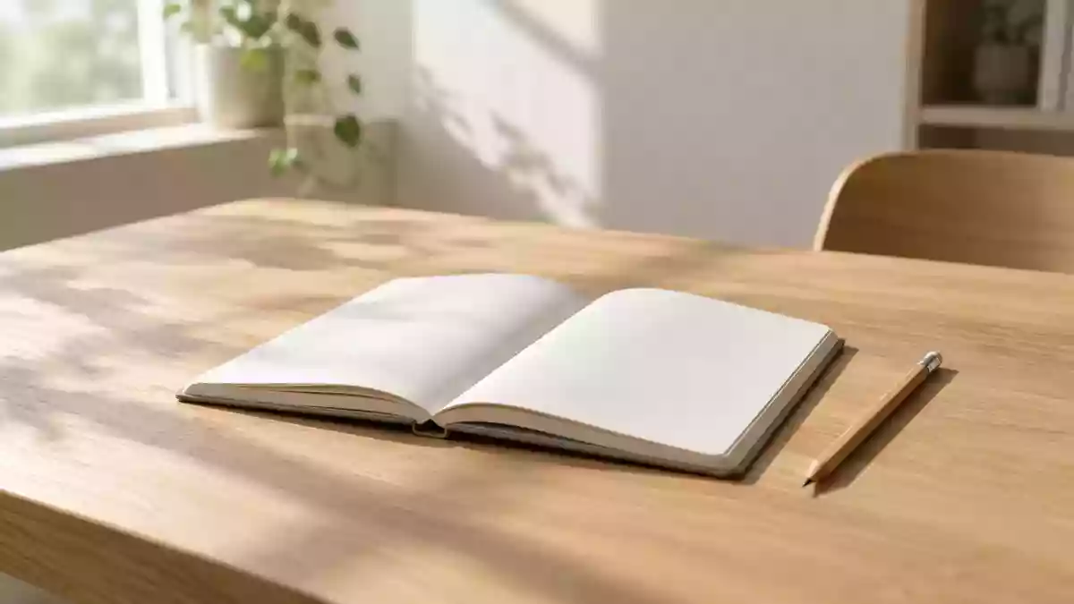 Ein leerer Schreibtisch mit einem offenen Notizbuch und einem Bleistift in hellem, natürlichem Licht. Illustration mit AI erstellt.