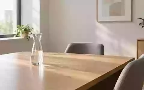 Ein minimalistischer, heller Beratungsraum in einer Praxis mit einem leeren Schreibtisch und einer Glaskaraffe. - Foto: über boerse-global.de