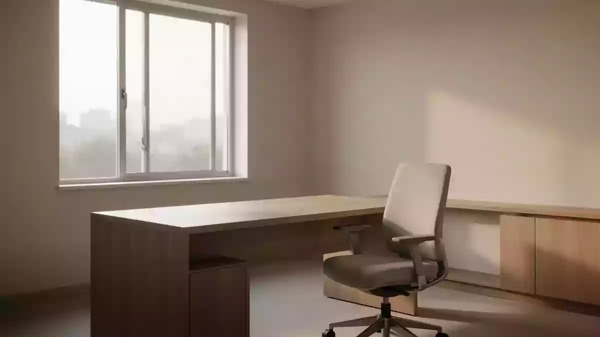 Ein minimalistischer, heller medizinischer Untersuchungsraum mit einem leeren Schreibtisch und natürlichem Licht. Illustration mit AI erstellt.