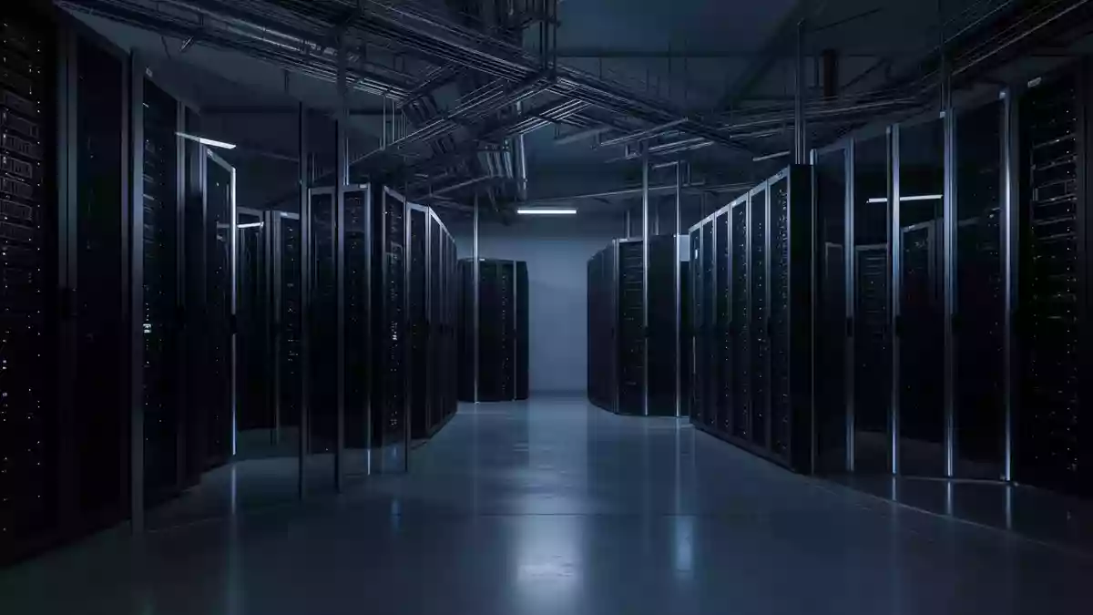 Ein moderner, unbesetzter Serverraum bei Nacht mit in Reihen angeordneten, dunklen Serverschränken auf einem glatten Betonboden. Illustration mit AI erstellt.
