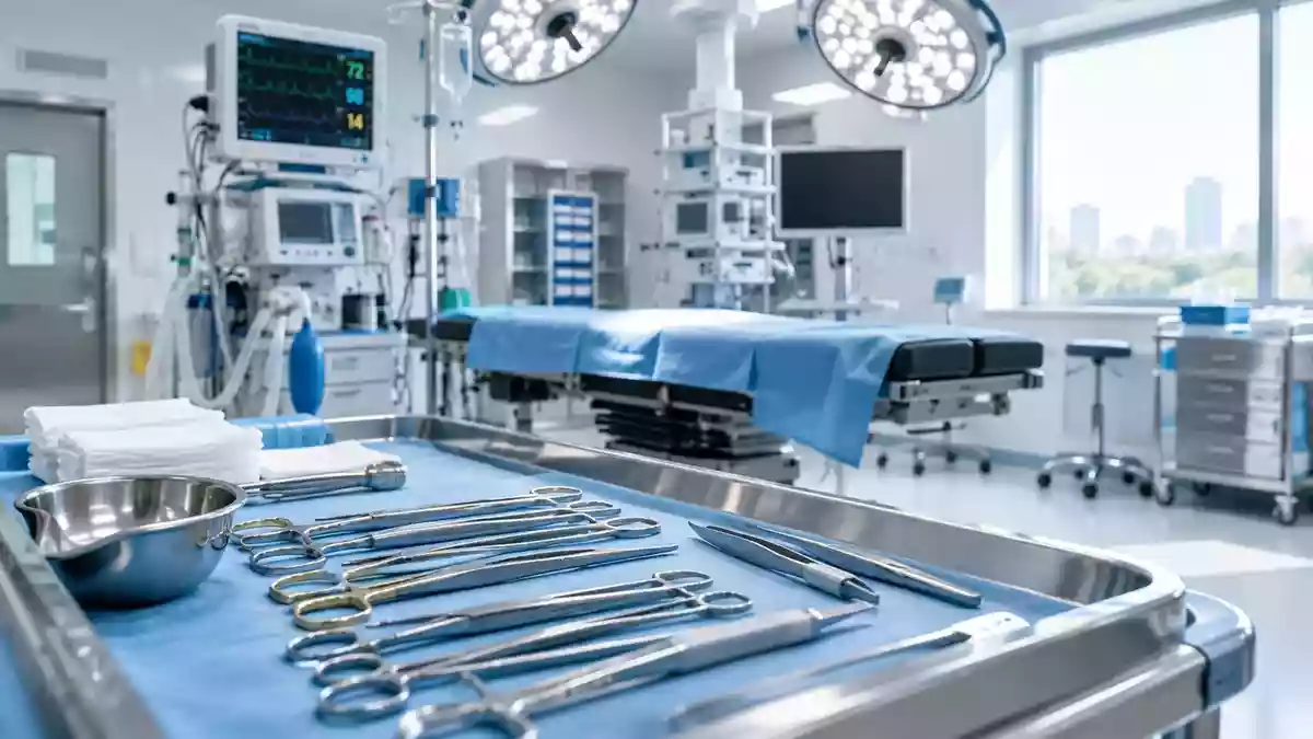 Ein moderner, steriler Operationssaal mit hochwertigen medizinischen Geräten in einer Klinik. Illustration mit AI erstellt.