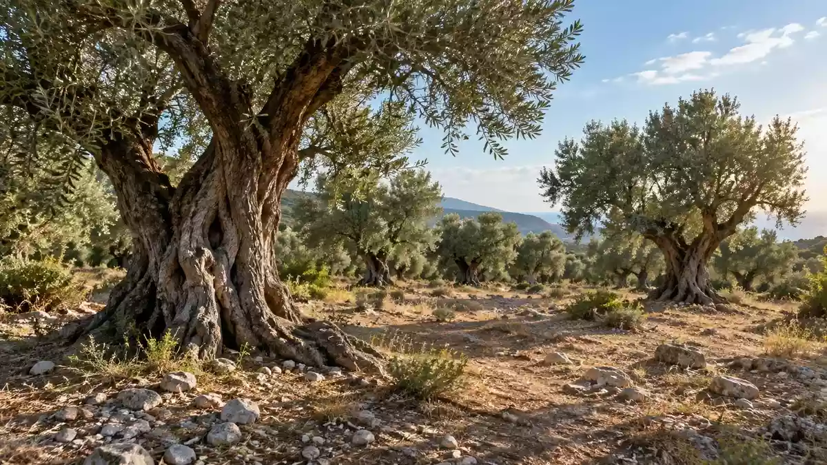 Ein sonnendurchfluteter Olivenhain mit alten Bäumen und steinigem Boden in einer mediterranen Landschaft. Illustration mit AI erstellt.