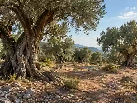 Ein sonnendurchfluteter Olivenhain mit alten Bäumen und steinigem Boden in einer mediterranen Landschaft. - Foto: über boerse-global.de