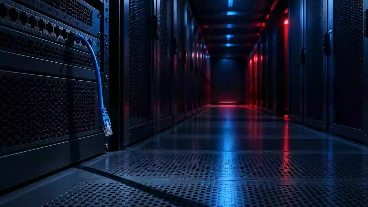 Ein dunkler, technisch anmutender Serverraum mit einem unverbundenen Netzwerkkabel im Vordergrund als Symbol für eine Sicherheitslücke. Illustration mit AI erstellt.