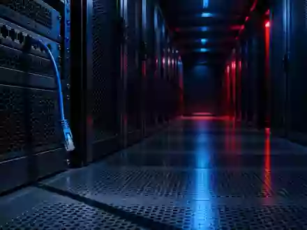Ein dunkler, technisch anmutender Serverraum mit einem unverbundenen Netzwerkkabel im Vordergrund als Symbol für eine Sicherheitslücke. - Foto: über boerse-global.de