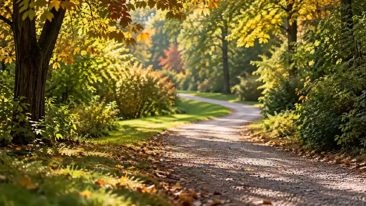 Ein sonniger Pfad in einem grünen Park, der zu einem Spaziergang einlädt. Illustration mit AI erstellt.