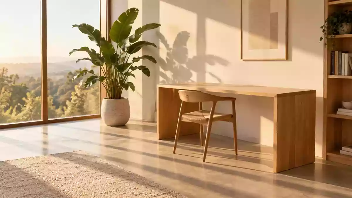 Ein heller, minimalistischer Arbeitsplatz mit einem hölzernen Stuhl und einer Zimmerpflanze in sanftem Tageslicht. Illustration mit AI erstellt.
